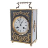 French ebonised and gilt metal mounted two train mantel clock, the movement back plate bearing the