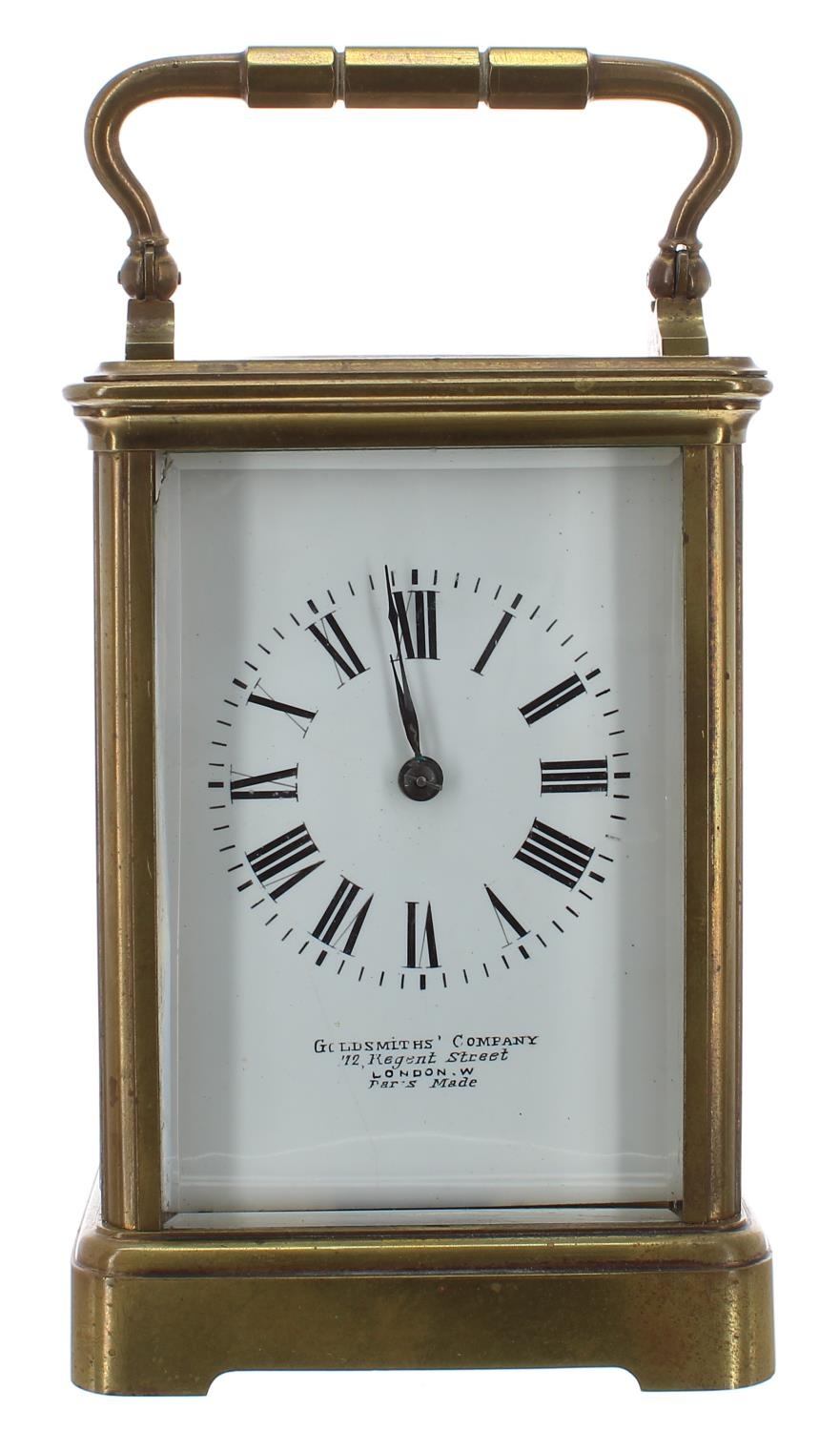 French carriage clock striking on a gong, within a corniche brass case, 6.5" high; also with outer