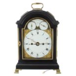 Fine English ebonised double fusee calendar pad top bracket clock, signed Hugh Gordon, Madras on