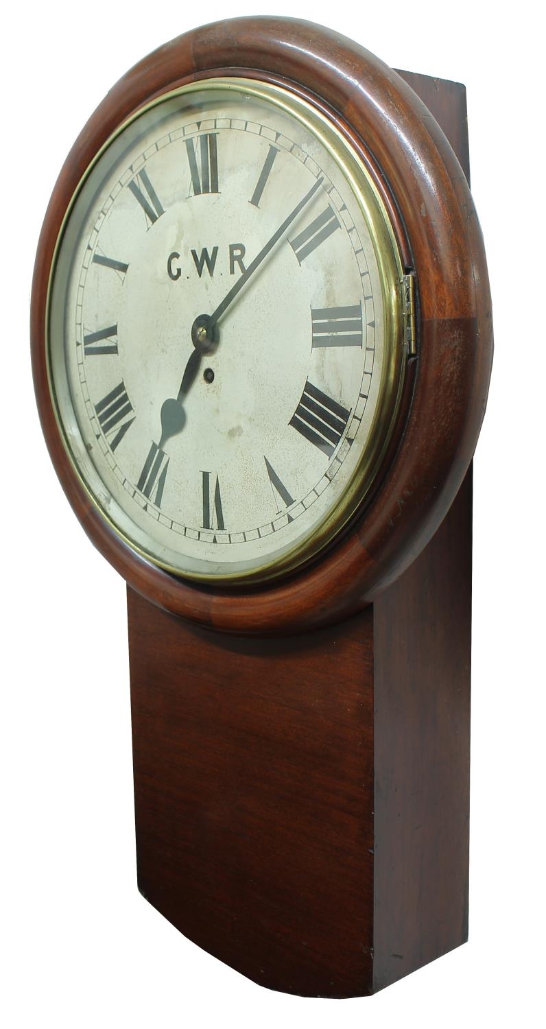 Great Western Railway (G.W.R) mahogany single fusee 14" drop dial wall clock within a turned - Image 2 of 7