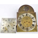 Eight day longcase clock movement, the 14" brass arched dial with silvered chapter ring enclosing