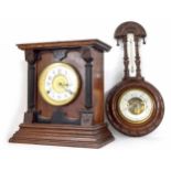 Oak two train mantel clock striking on a bell, the movement back plate stamped Fattorini & Sons,