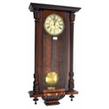 Walnut double weight Vienna regulator wall clock, the 7" cream dial with subsidiary seconds dial,