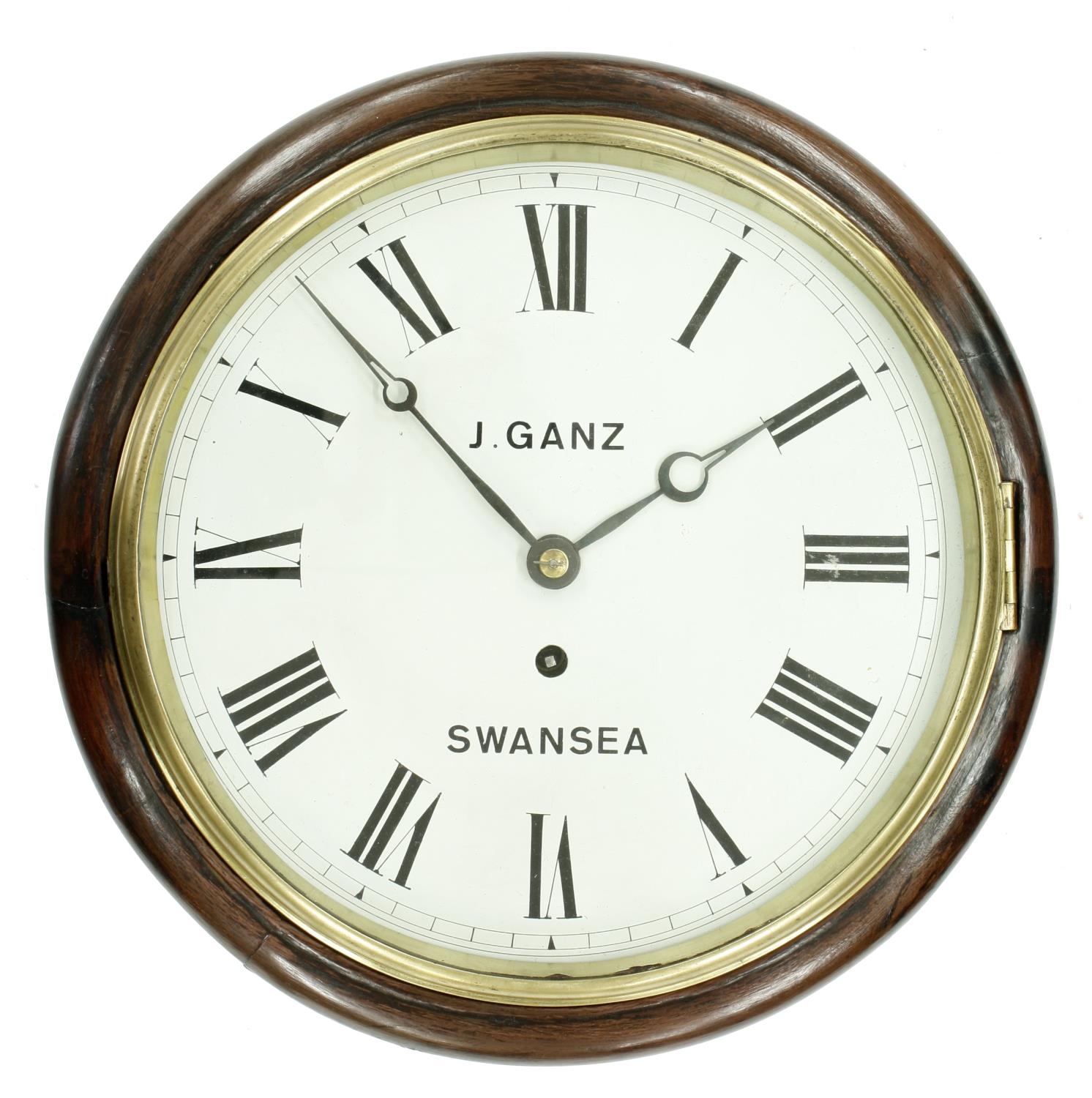 Mahogany silver fusee 10"wall dial clock signed J. Ganz, Swansea, within a cast bezel and turned