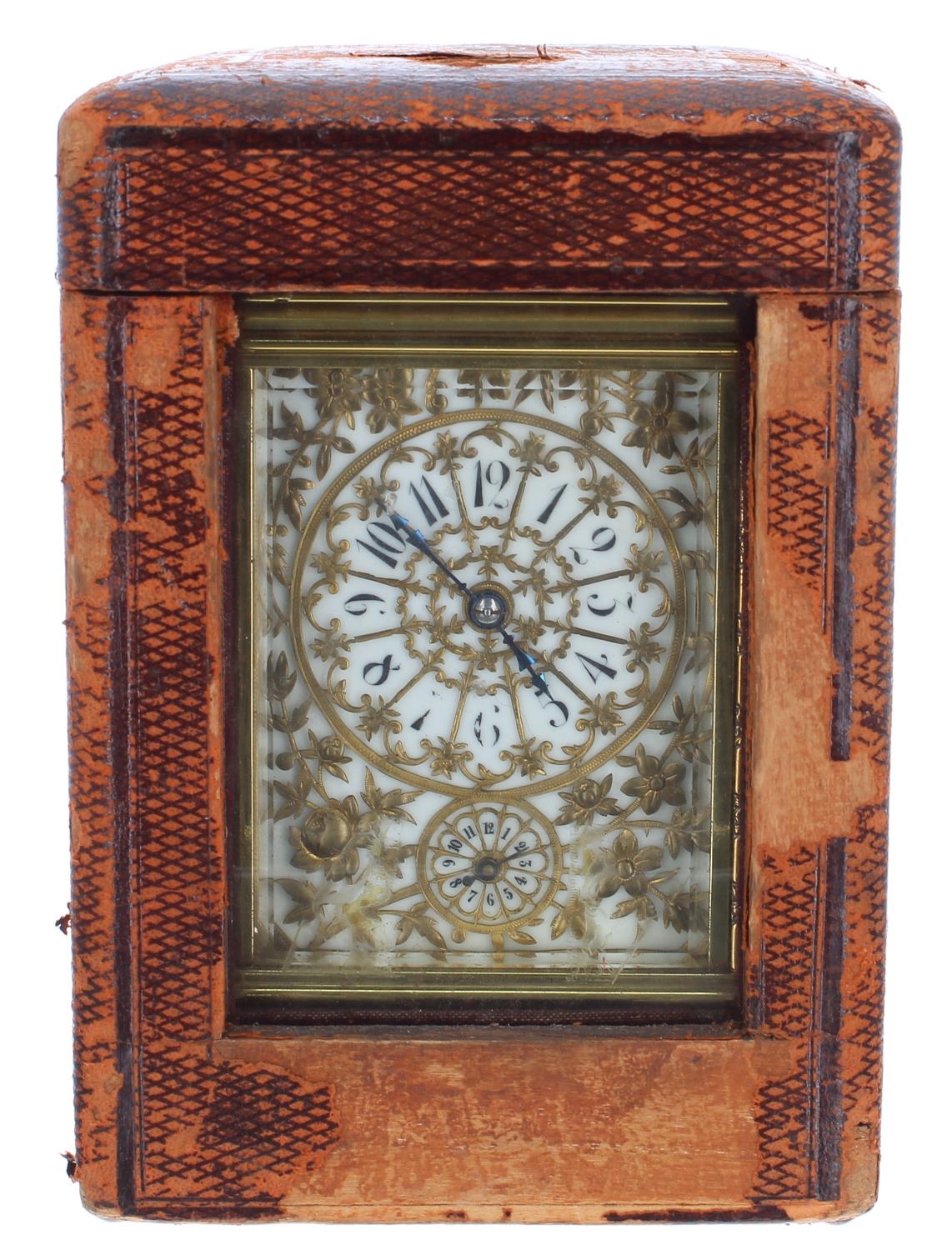 Good French repeater carriage clock with alarm, the movement stamped France no. 4526 and striking on