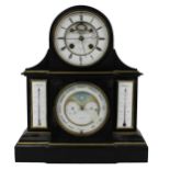 Good French black marble two train calendar mantel clock striking on a bell, the 5.25" white chapter