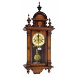 Small walnut and inlaid Vienna style regulator wall clock, the 5" cream chapter ring enclosing a