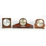 Oak three train Napoleon hat mantel clock, the movement striking on five rods, the 7" gilt dial