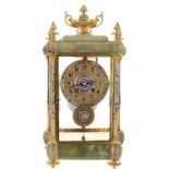 Good French ormolu, champleve and green onyx cased two train four glass mantel clock, the Japy