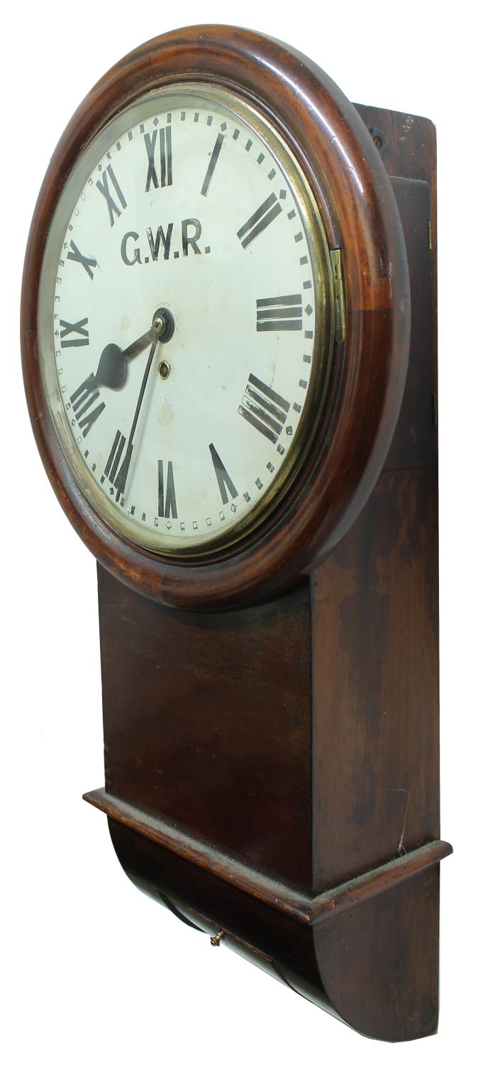 Great Western Railway (G.W.R) mahogany single fusee 12" drop dial wall clock within a turned - Image 2 of 7