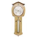 Arts & Crafts oak inlaid barometer/thermometer, the stylised inlaid case inset with an 8" silvered