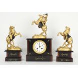 French black slate and red marble two train mantel clock garniture, the movement with outside