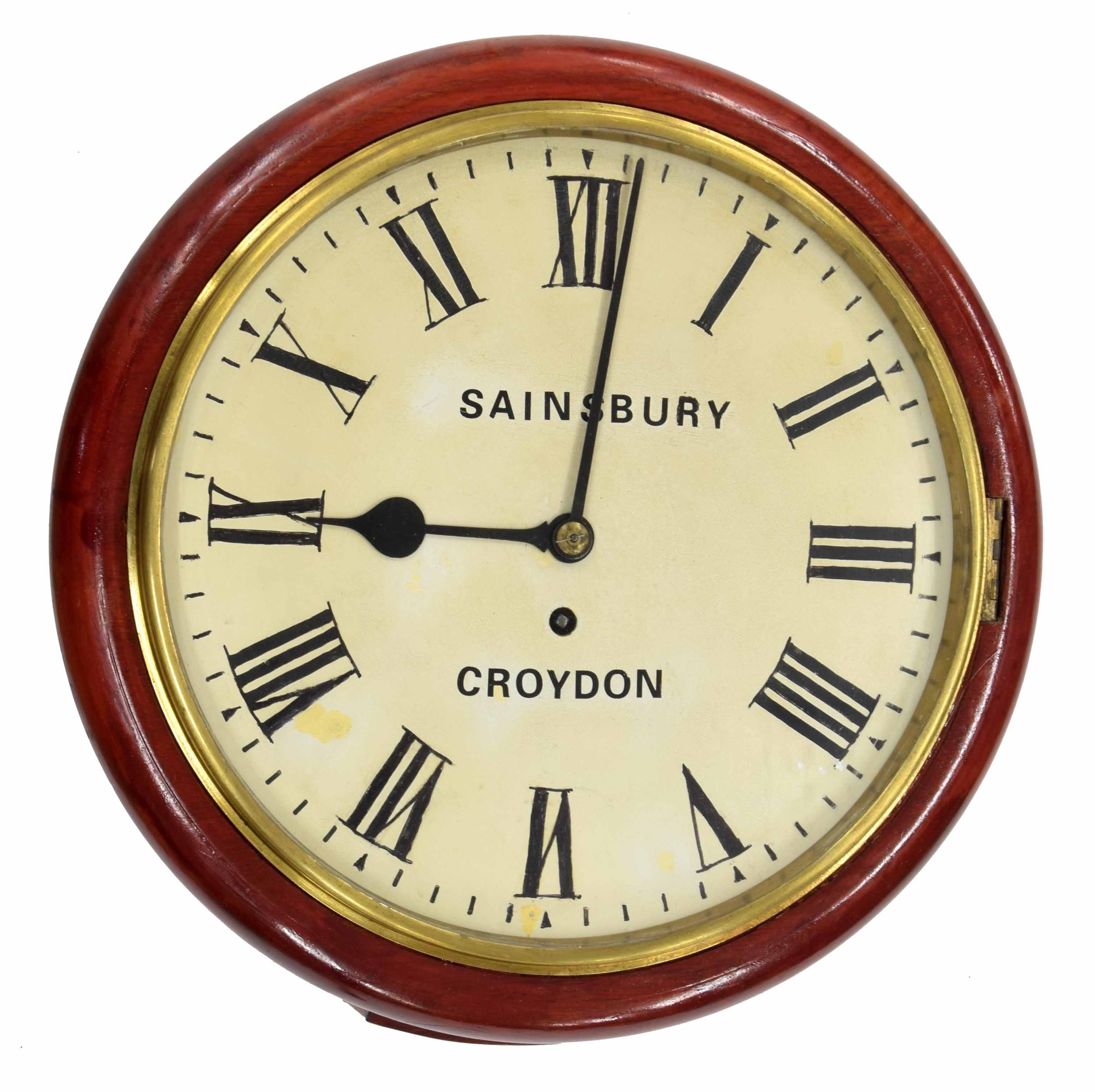 Stained wooden single fusee 12" wall dial clock signed Sainsbury, Croydon within a turned