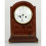 French mahogany two train mantel clock, the Samuel Marti movement striking on a gong, the 5" white