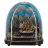 Automata rocking ship musical box, under a glass dome and upon an ebonised base with rounded ends,