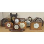 Arts & Crafts style ebonised mantel clock timepiece, 13.25" high; also ten various wooden cased