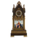 French ecclesiastical inspired bronze and ormolu two train gothic mantel clock, the movement back