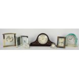 Contemporary quartz clock and barometer compendium mounted on an oak board, 12" wide; also a