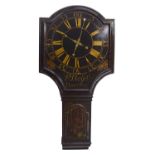 Fine black lacquer and chinoiserie decorated single train tavern clock, the 24" dial signed P.
