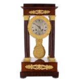 Good French mahogany and ormolu mounted two train portico mantel clock, the 4.25" silvered dial