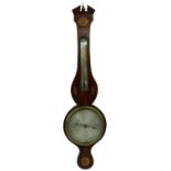 Mahogany inlaid wheel barometer/thermometer, the 8.5" silvered dial under a thermometer and within a