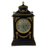 English ebonised triple fusee boardroom style mantel clock, the 7.5" silvered dial and movement back