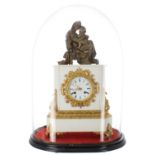 French gilt metal and white marble two train mantel clock, the movement back plate signed Fabrique