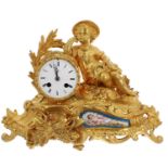 French gilt metal and porcelain mounted two train figural mantel clock, the Japy Freres movement