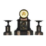 French black slate and red marble two train drumhead mantel clock garniture, the movement with