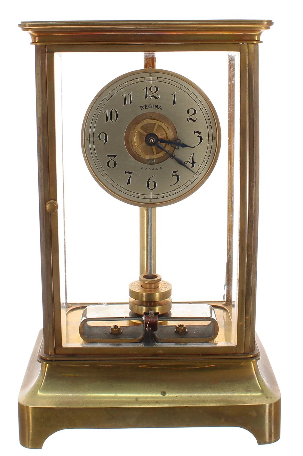 Good Regina (Holden) four glass brass electric mantel clock, the 3.5" silvered dial within a bevel