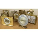 Ten various brass and silvered case mantel clocks, tallest 10" high (10)