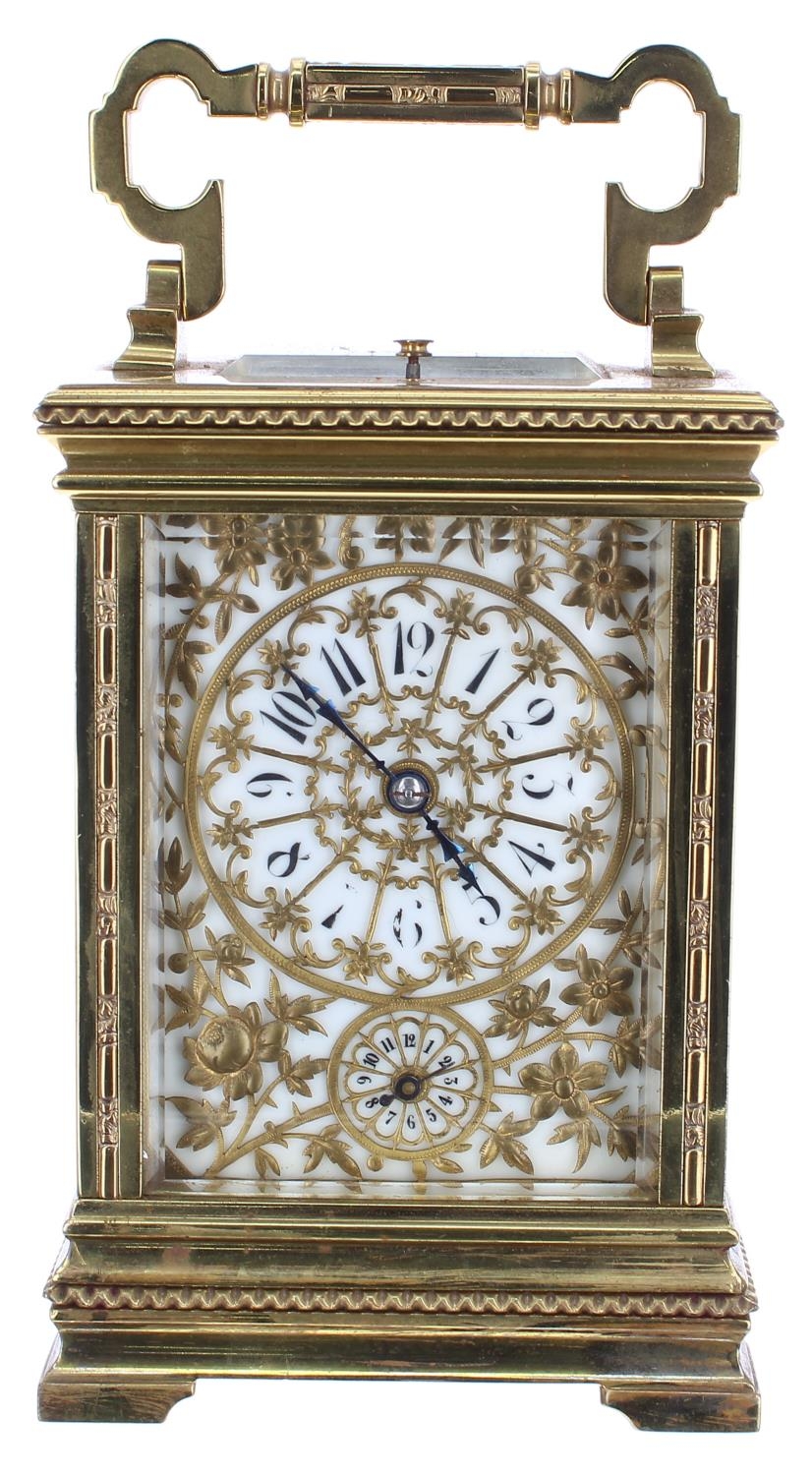 Good French repeater carriage clock with alarm, the movement stamped France no. 4526 and striking on - Image 2 of 5