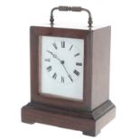 Small French oak mantel clock timepiece, within a stepped case surmounted by a brass handle, 7.5"