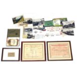 Box of interesting railwayana ephemera including two small framed Railway Company Share