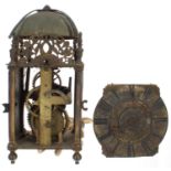 Antique English brass lantern clock in need of restoration, the 6.5" brass chapter ring enclosing