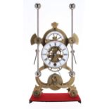 Brass grasshopper action single fusee skeleton clock, the 4" white chapter ring under a subsidiary