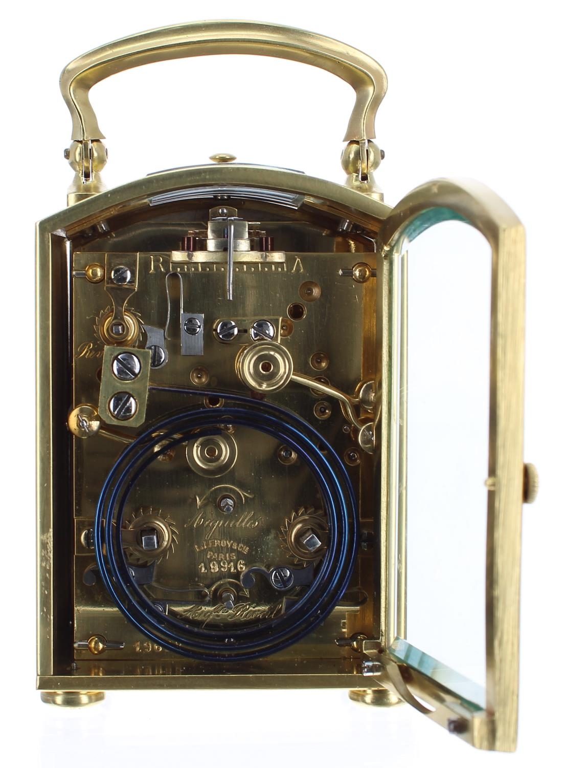 Fine small and unusual French repeater carriage clock with alarm, the movement backplate signed L. - Image 5 of 5