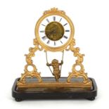 French gilt metal two train cherub swinging mantel clock, the movement with outside countwheel