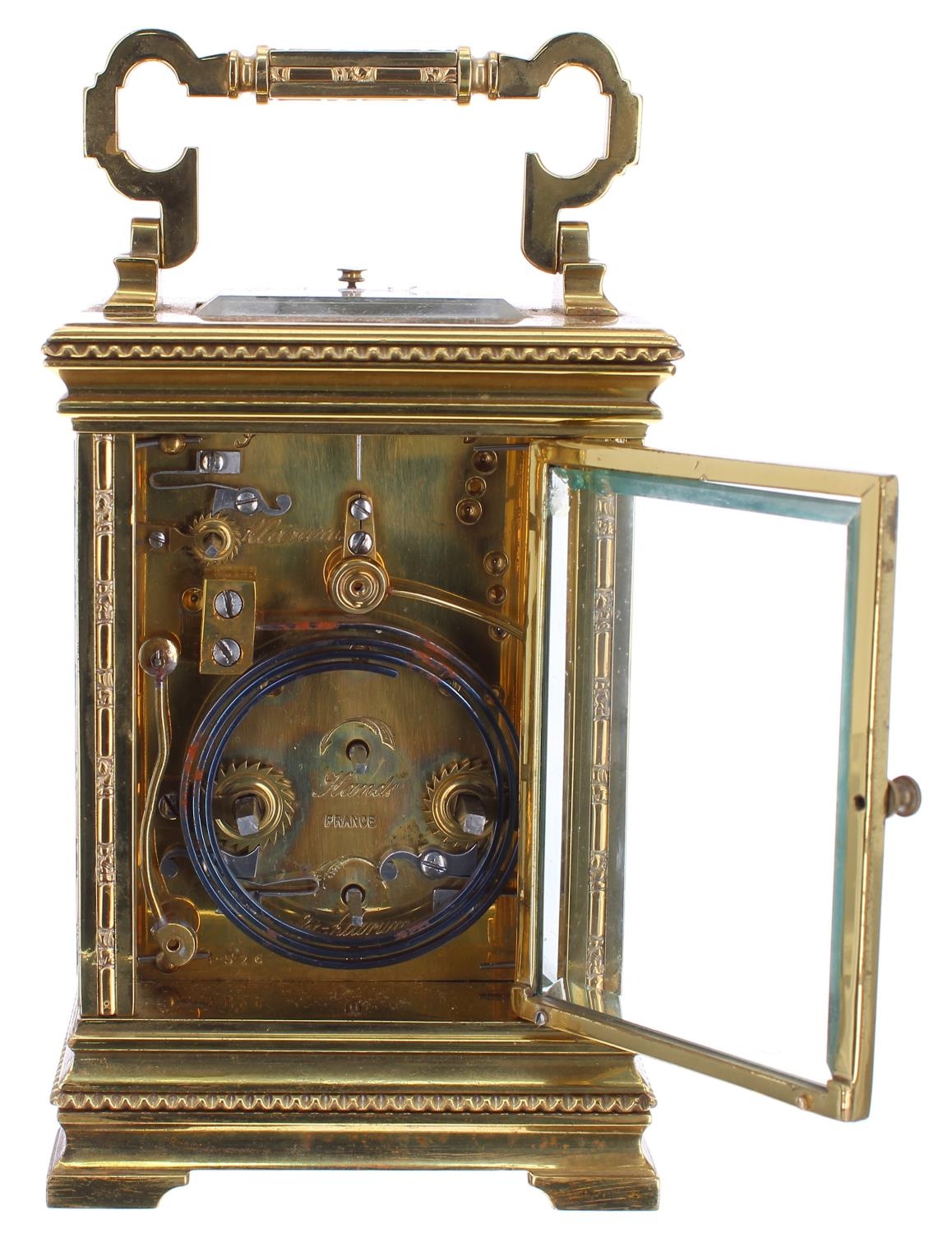 Good French repeater carriage clock with alarm, the movement stamped France no. 4526 and striking on - Image 5 of 5