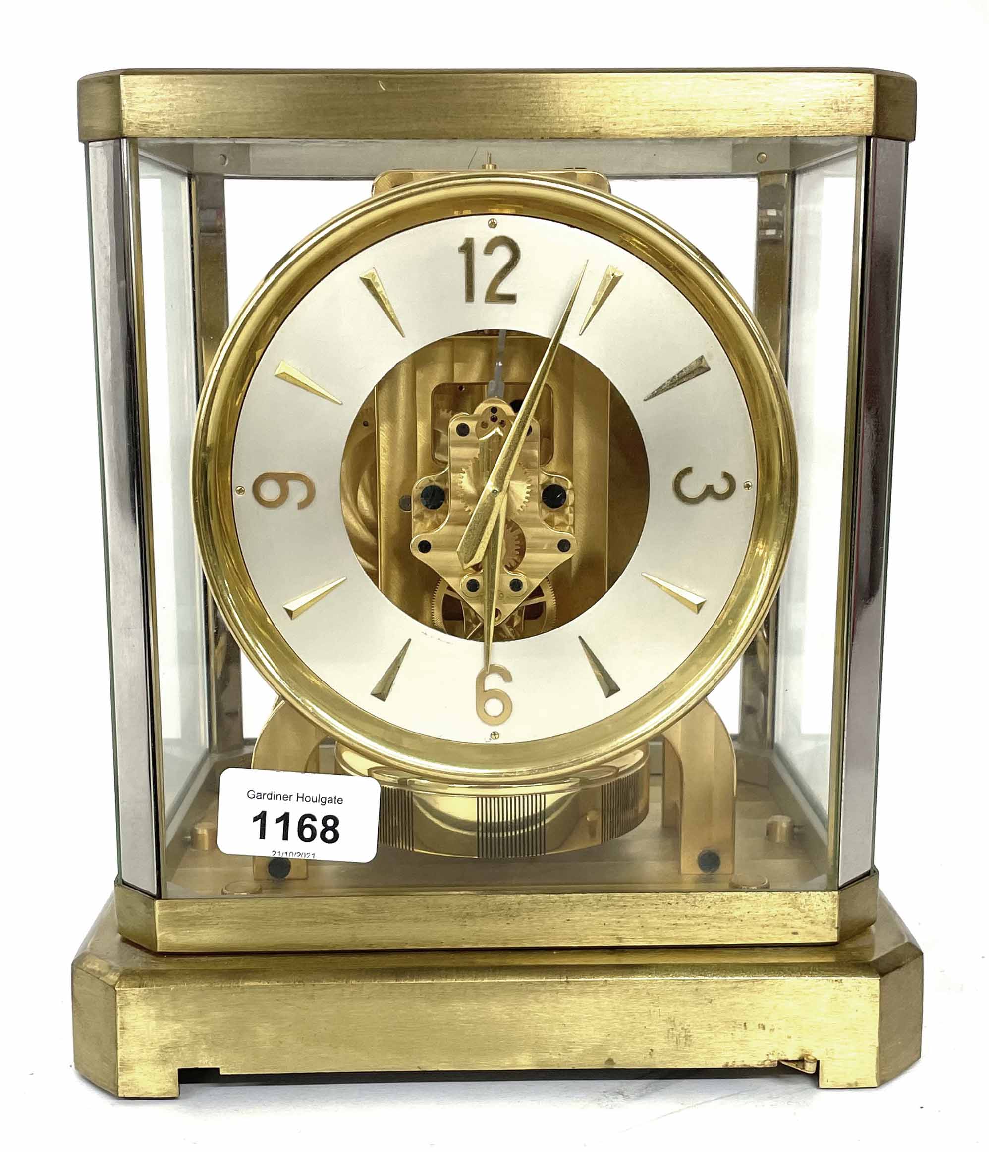 Jaeger Le-Coultre Atmos clock, the 4.75" silvered dial enclosing a skeletonised centre, ser. no.