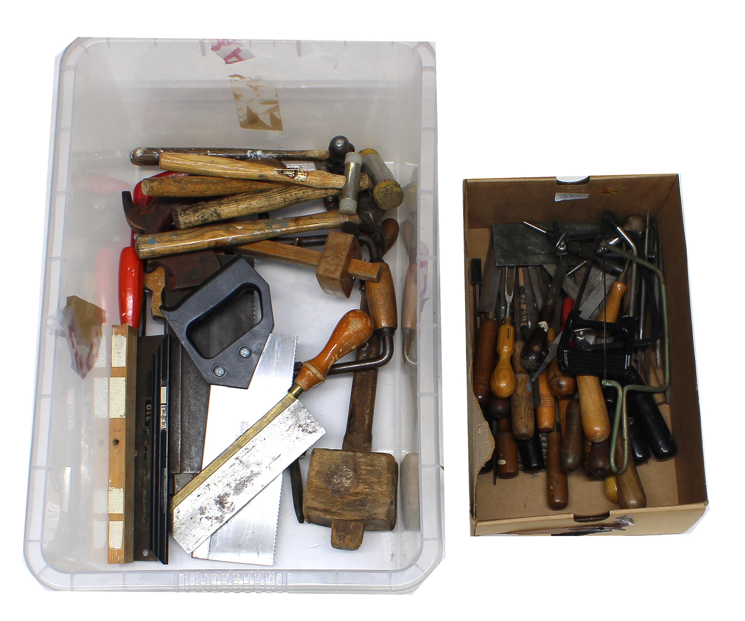 Quantity of various mainly old wooden handled tools, including hammers, saws and chisels etc.