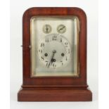 Mahogany three train mantel clock, the Junghans movement striking on four rods and a large gong, the