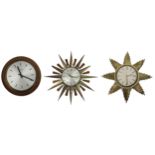 Two similar Metamec sunburst wall clock timepieces, 18" diameter max; also a Synchronome 10" wall