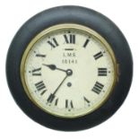 London, Midland and Scottish Railway (L.M.S) ebonised single train 8" wall dial clock, within a