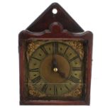 Interesting and early oak cased single weight verge wall clock timepiece, the 6" square brass dial