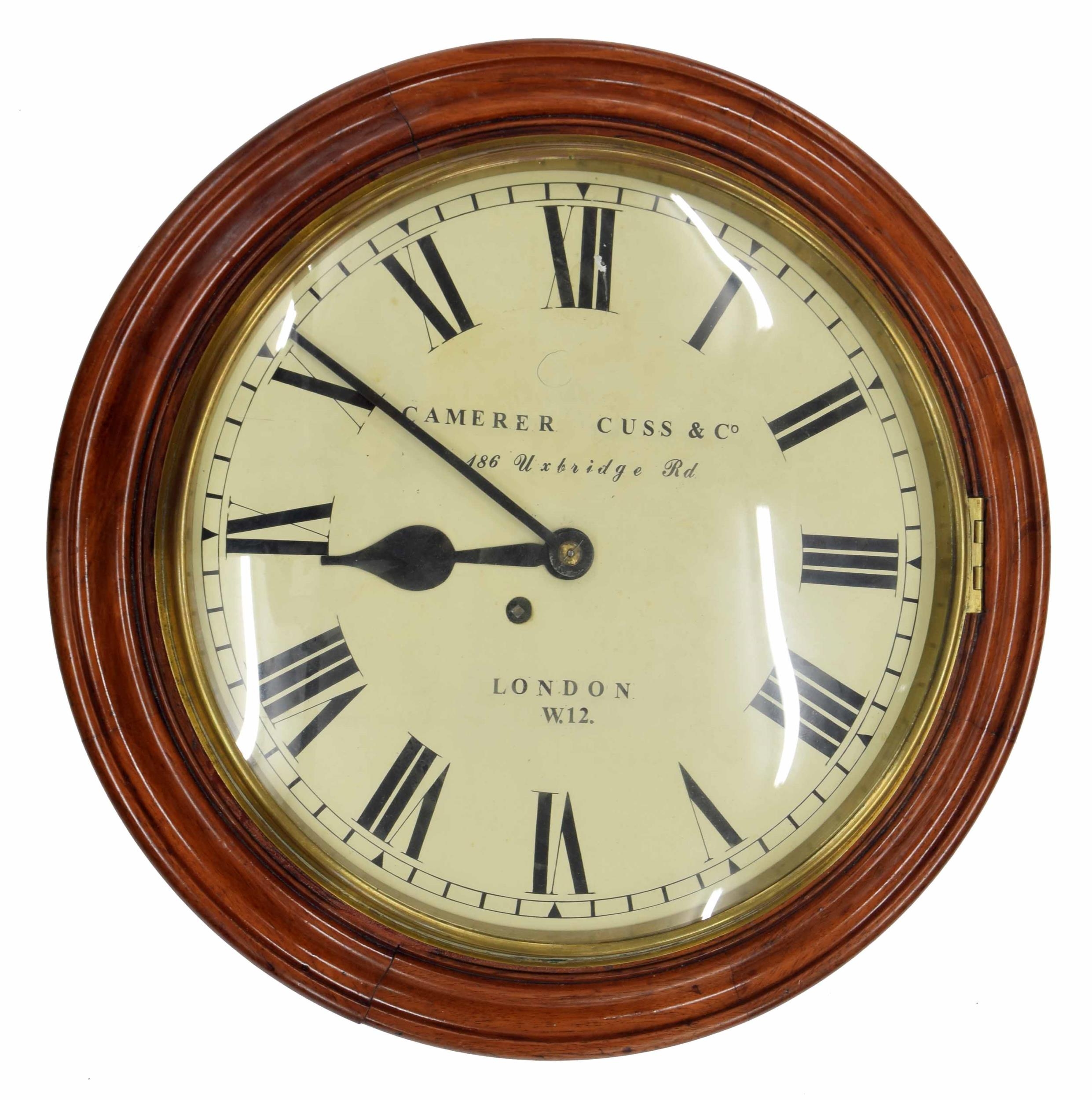 Mahogany single fusee 12" wall dial clock signed Camerer Cuss & Co, 186 Ugsbridge Road, London W.