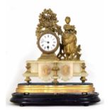 French gilt metal and alabaster drumhead clock timepiece, upon a gilt metal stand and dome base,