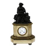 Good French white marble, ormolu and bronze figural two train mantel clock, the 4.25" white dial and