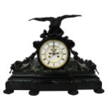 Good French black and green marble and bronze two train drumhead mantel clock, the Japy Freres