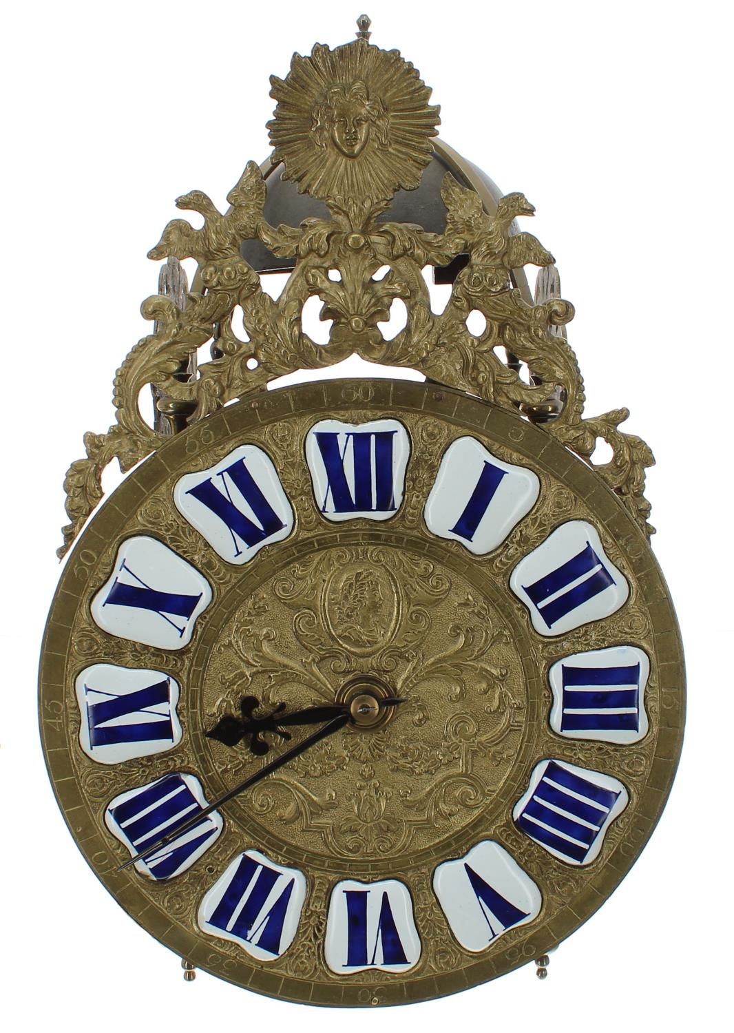 French Louis XIV verge brass lantern clock, signed Anne Clement á Paris on the left hand side of the